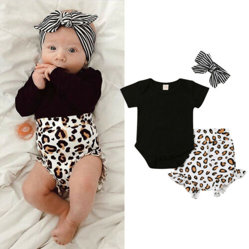 3PCS/set Newborn Kids Baby Girls Summer Clothing Sets Black Short Sleeve Romper Leopard Shorts Bloomer Headband Outfits 0-24M