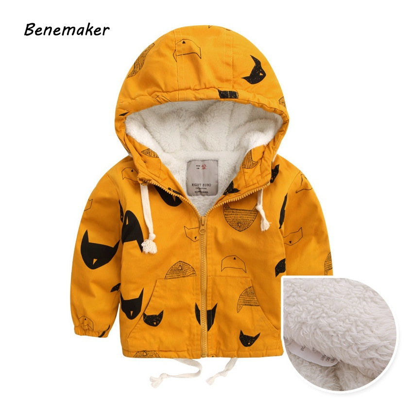 Benemaker Winter Fleece Jackets For Boy Trench Children's Clothing 2-10Y Hooded Warm Outerwear Windbreaker Baby Kids Coats JH019