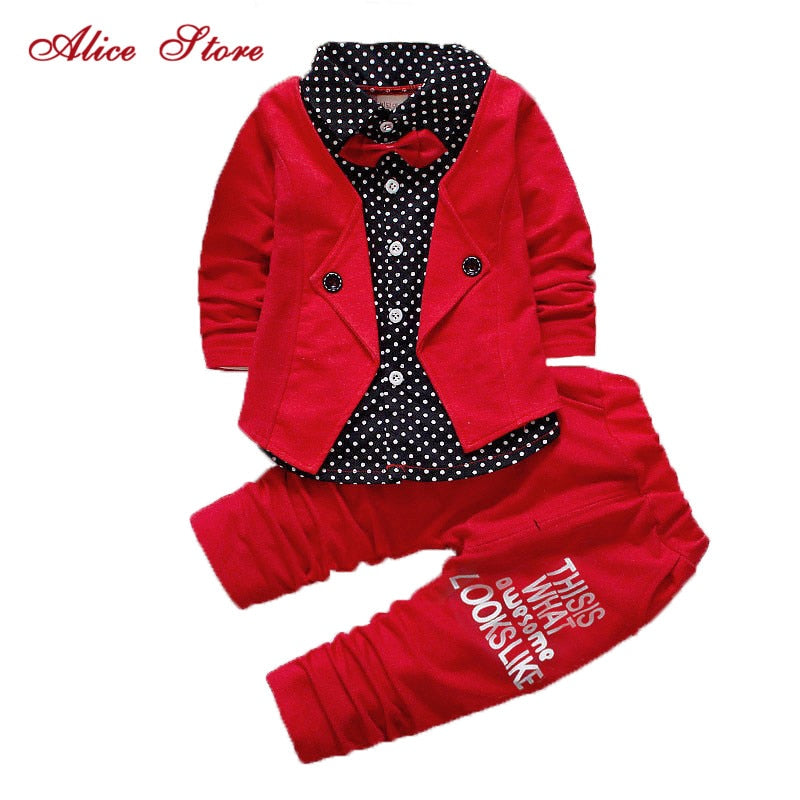 2017 Boys Spring Two Fake Clothing Sets Kids Boys Button Letter Bow Suit Sets Children Jacket + Pants 2 pcs Clothing Set Baby