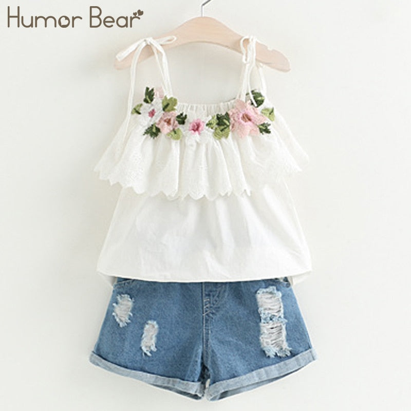 Humor Bear 2020 New Summer Fashion Style Girls Clothing Sets Embroidery Design T-shirt+ Jeans Children Clothes Kids Clothes Sets