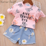 Humor Bear 2020 New Summer Fashion Style Girls Clothing Sets Embroidery Design T-shirt+ Jeans Children Clothes Kids Clothes Sets