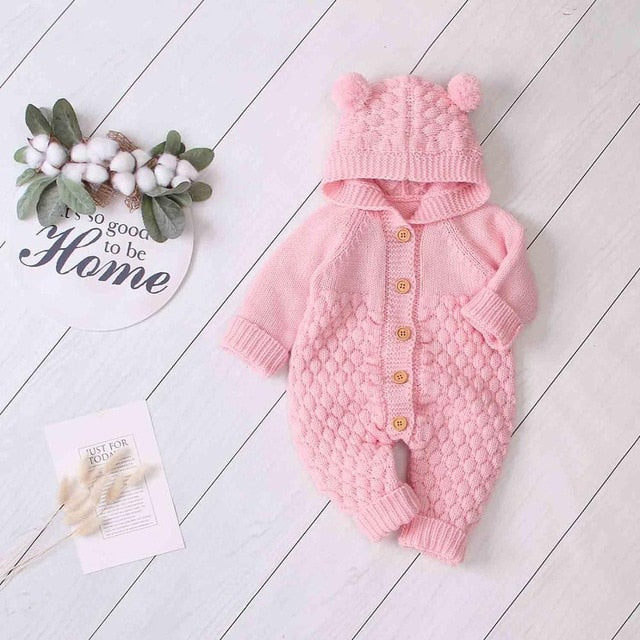 Baby Rompers Long Sleeve Autumn Hooded Toddler Kids Boys Girls Jumpsuits Pajamas Outfits Fashion Solid Knitted Children Clothing