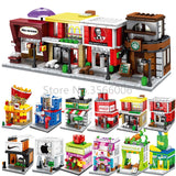 Single Mini City Street Series Food Candy Pizza Ice Cream Shop Bookstore MOC Building Blocks Kids Educational Toys