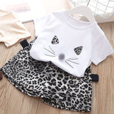 Girls Clothes Set 2019 Summer White Shirt + Leopard Cake Skirt 2 Pieces Necklace Sets  Kid Basic Casula Cotton Clothing Suit