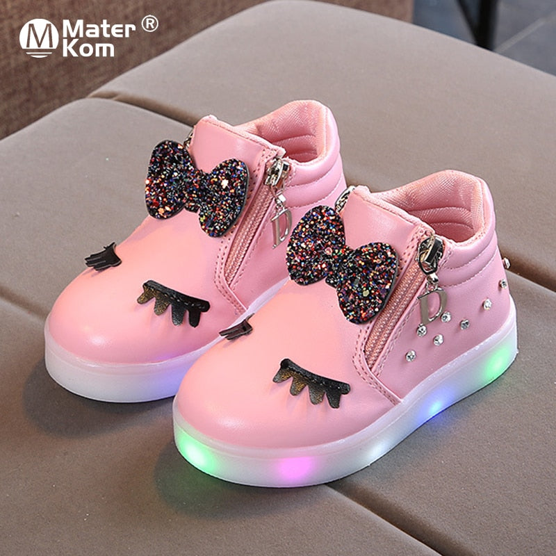 Size 21-30 Children Glowing Sneakers Kid Princess Bow for Girls LED Shoes Cute Baby Sneakers with Light Shoes Krasovki Luminous