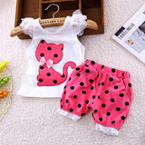 2017 summer Korean baby girls clothing set children bow cat shirt+shorts suit 2pcs kids polka dot clothes set suit free shipping