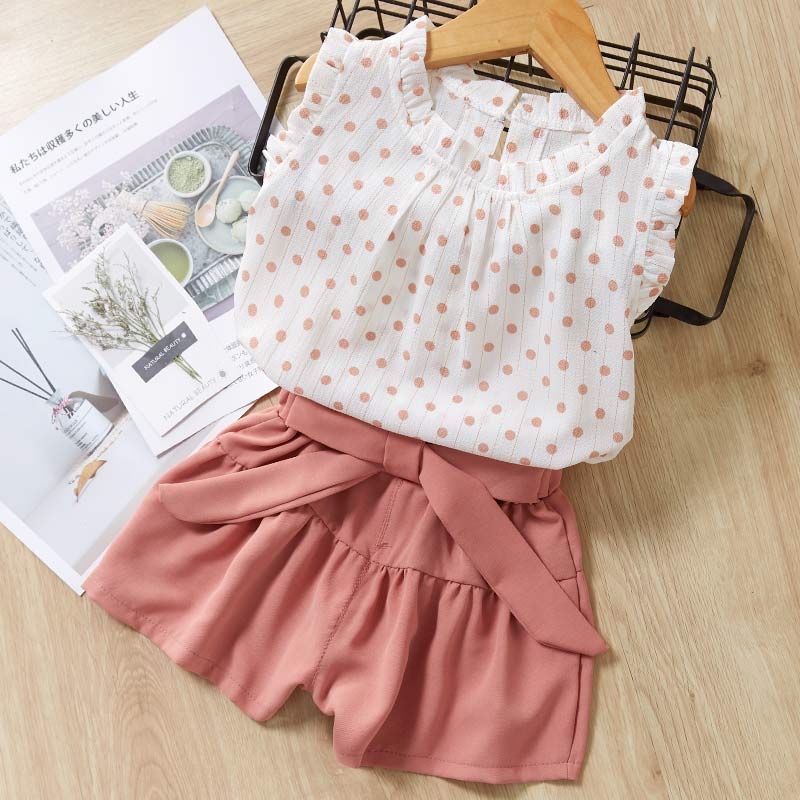 Cute Girls Clothing Sets Summer Casual Print Kids   Sleeveless Chiffon T-shirt Shorts 2PCS New Children  Suit