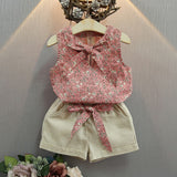 Cute Girls Clothing Sets Summer Casual Print Kids   Sleeveless Chiffon T-shirt Shorts 2PCS New Children  Suit