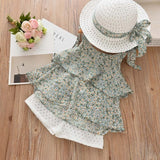 Cute Girls Clothing Sets Summer Casual Print Kids   Sleeveless Chiffon T-shirt Shorts 2PCS New Children  Suit