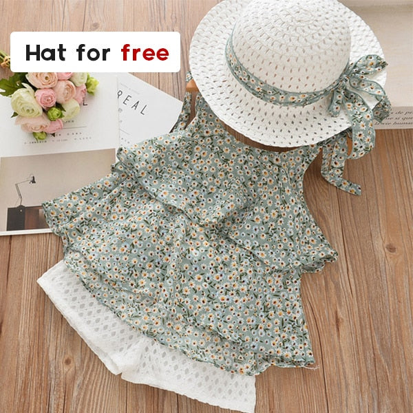 Bear Leader Girls Clothing Sets 2020 Summer Kids Clothes Floral Chiffon Halter+Embroidered Shorts Straw Children Clothing