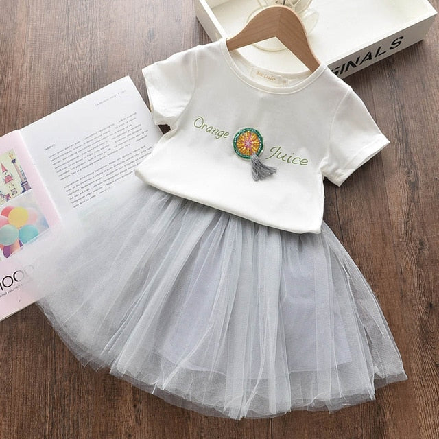 Bear Leader 2020 New Summer Kids Girls Clothes Set Fruit Parrten Short T-shirt +Bow Ball Gown Dress 2pcs Clothing Sets 3-7Y