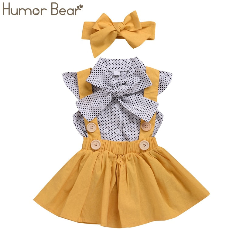 Humor Bear Baby Girls Clothes Sets 2020 Summer Dot flying sleeve top+strap dress+Headband 3-piece kids Children's Clothing Suit