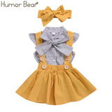 Humor Bear Baby Girls Clothes Sets 2020 Summer Dot flying sleeve top+strap dress+Headband 3-piece kids Children's Clothing Suit