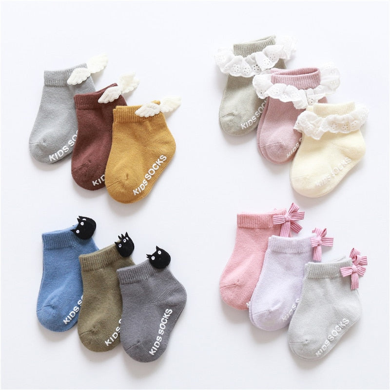 3 pairs baby girl boy socks lace ruffle Bow newborn bebe cheap stuff floor anti slip sox kids infantil clothes accessories